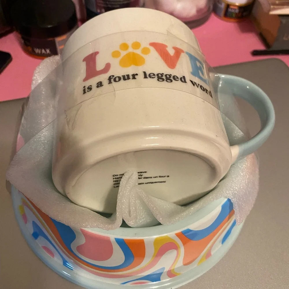 NWT, Claire’s Colorful Dog Lover Coffee Mug & Dog Bowl Water Dish In Fun Print